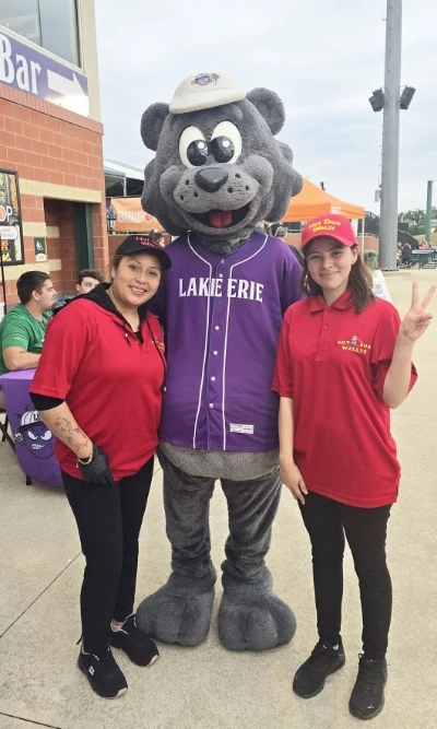 About Us 2 Hot Dog Wally’s staff with Lake Erie mascot